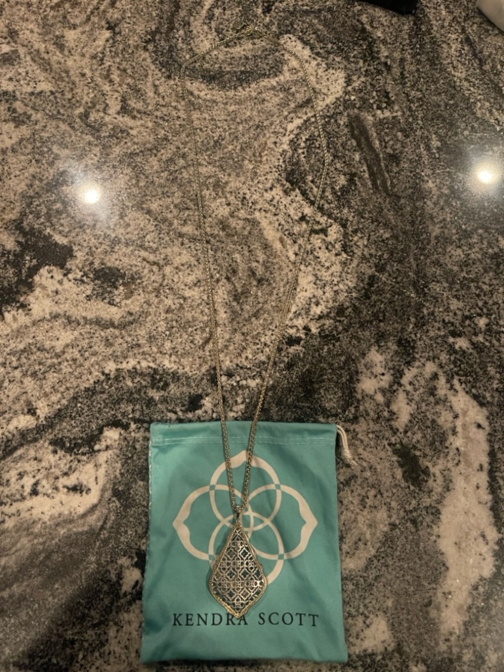 Kendra Scott Silver Filigree Teardrop Pendant Necklace with Turquoise Pouch